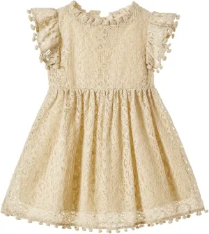 Niyage Toddler Girls Elegant Lace Pom Pom Flutter Sleeve Party Princess Dress