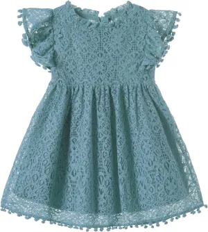 Niyage Toddler Girls Elegant Lace Pom Pom Flutter Sleeve Party Princess Dress