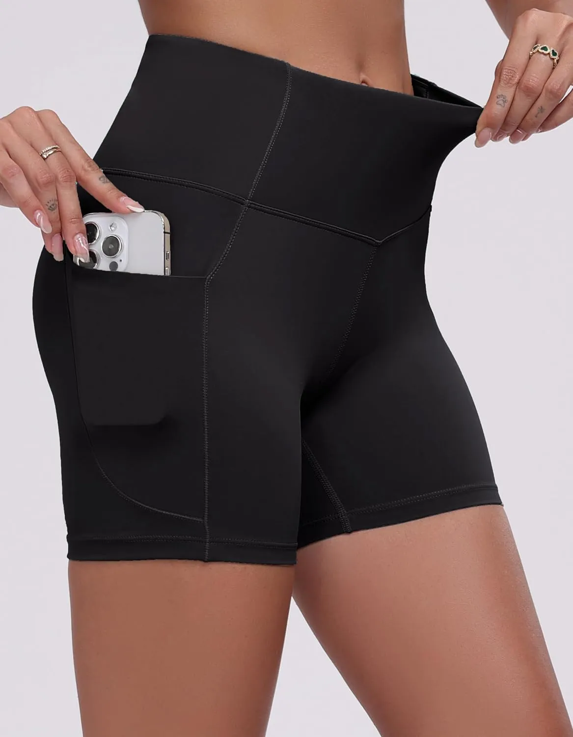 Oalka Women's Short Yoga Side Pockets High Waist Workout Running Sports Shorts 4"
