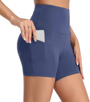 Oalka Women's Short Yoga Side Pockets High Waist Workout Running Sports Shorts 4"