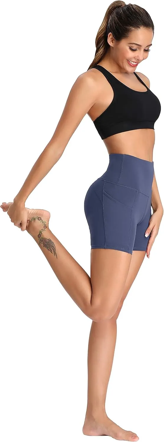 Oalka Women's Short Yoga Side Pockets High Waist Workout Running Sports Shorts 4"