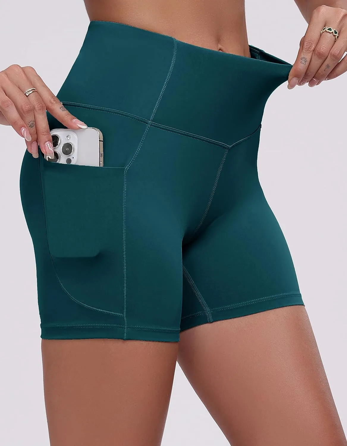 Oalka Women's Short Yoga Side Pockets High Waist Workout Running Sports Shorts 4"