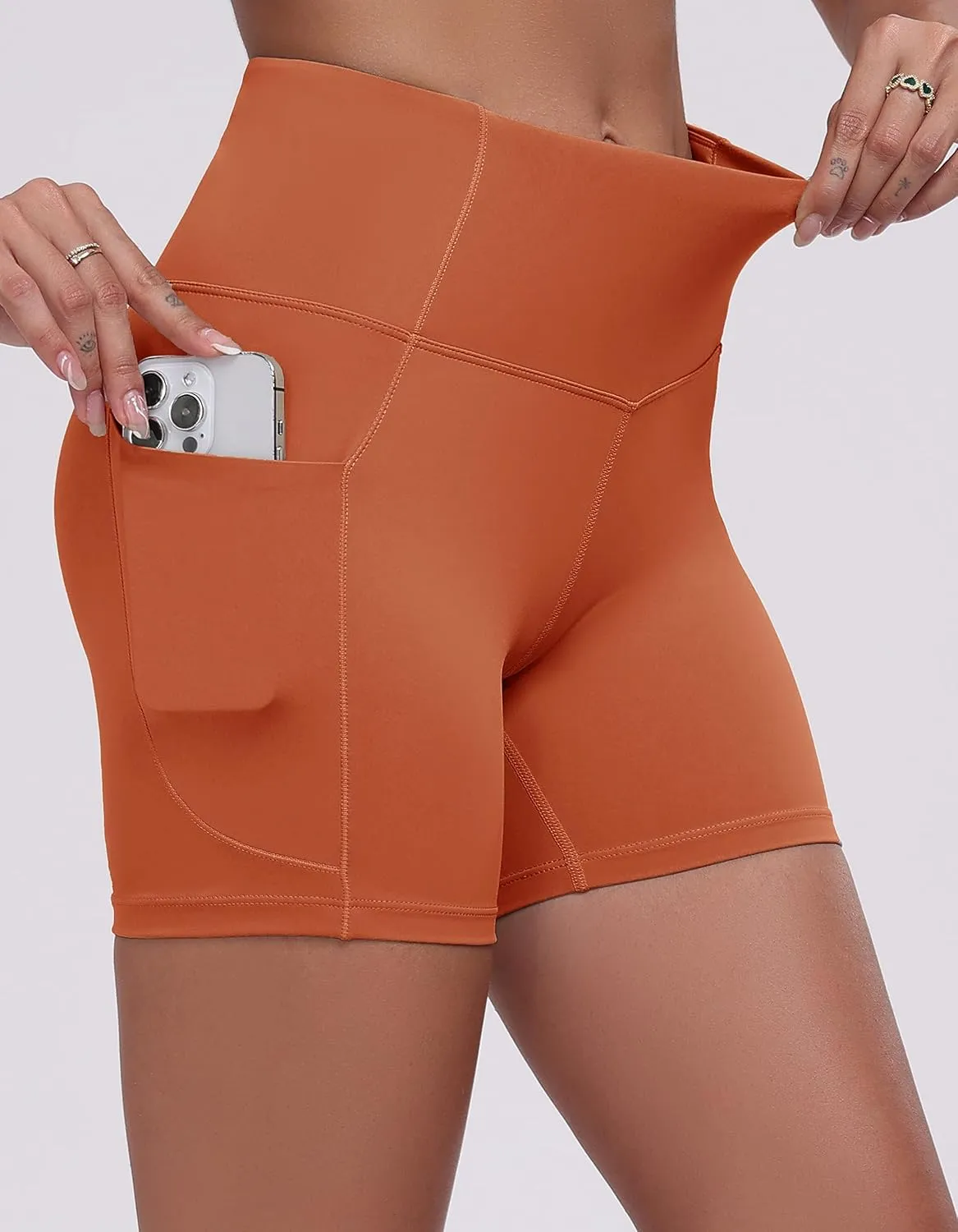 Oalka Women's Short Yoga Side Pockets High Waist Workout Running Sports Shorts 4"