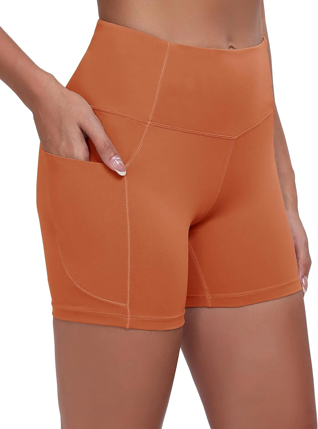 Oalka Women's Short Yoga Side Pockets High Waist Workout Running Sports Shorts 4"