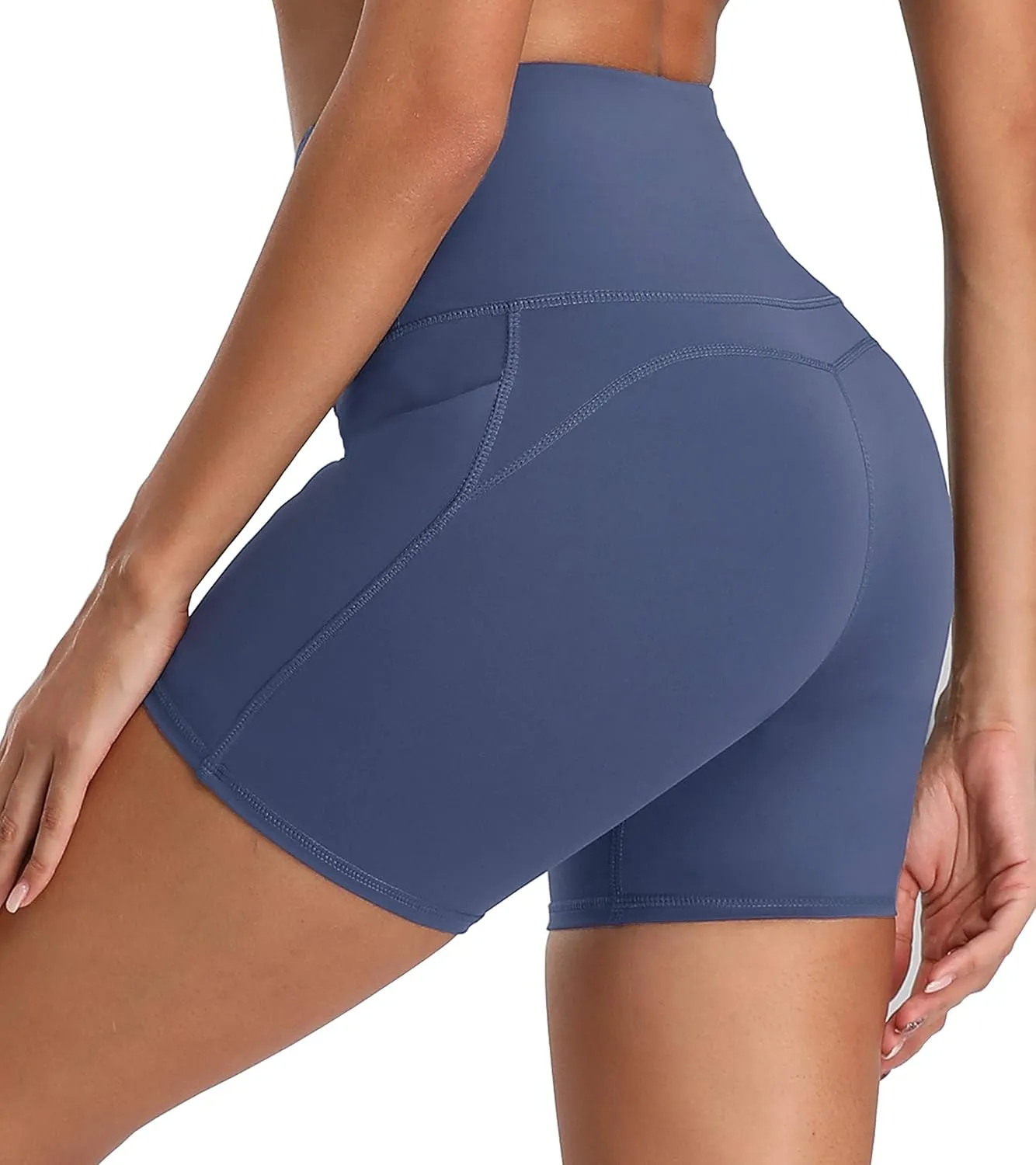 Oalka Women's Short Yoga Side Pockets High Waist Workout Running Sports Shorts 4"