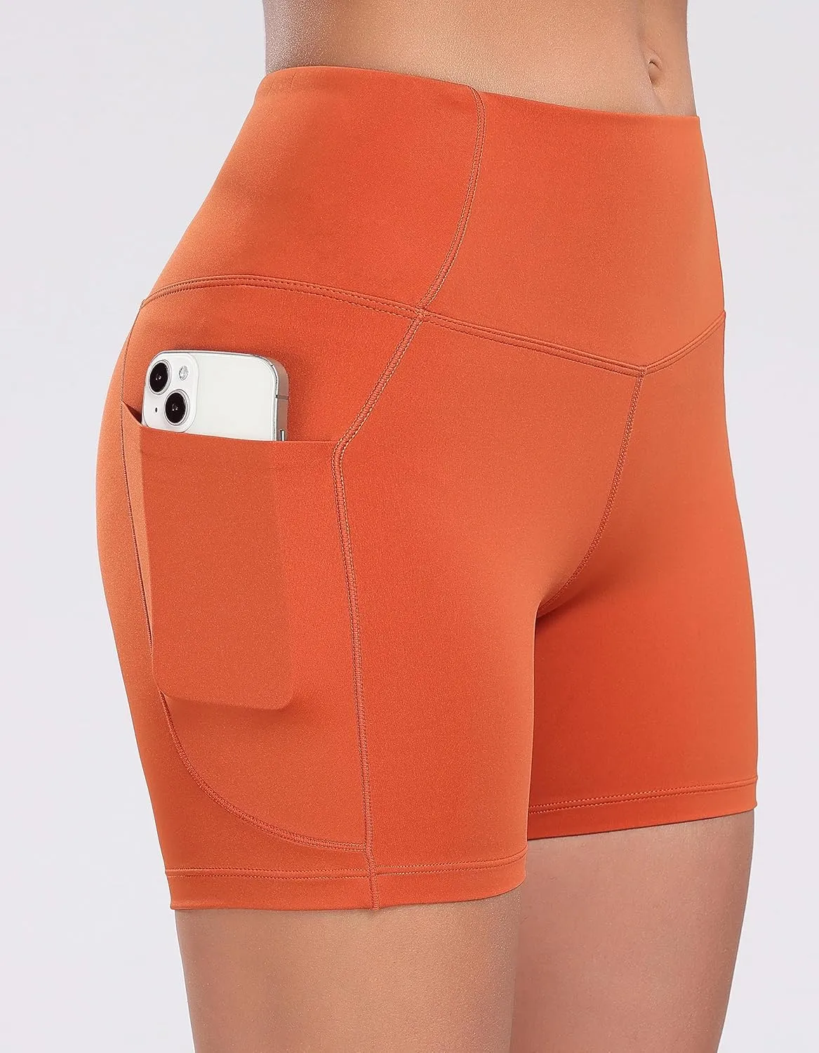 Oalka Women's Short Yoga Side Pockets High Waist Workout Running Sports Shorts 4"