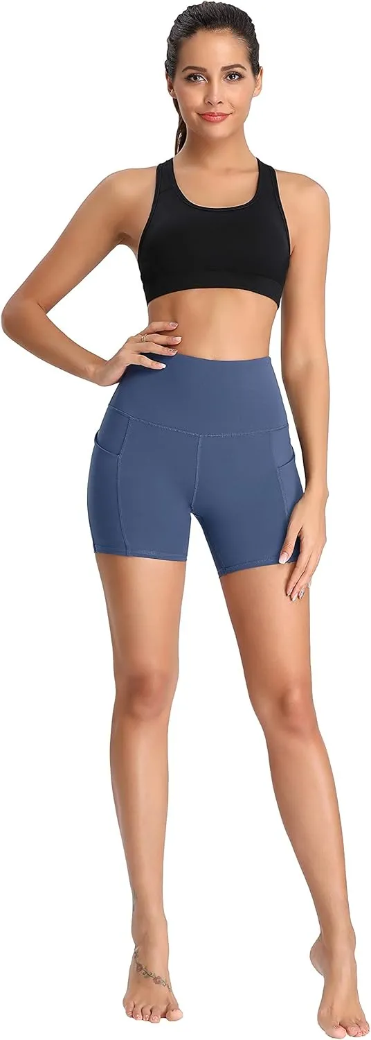 Oalka Women's Short Yoga Side Pockets High Waist Workout Running Sports Shorts 4"