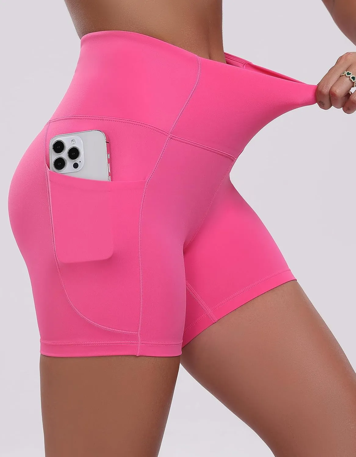 Oalka Women's Short Yoga Side Pockets High Waist Workout Running Sports Shorts 4"