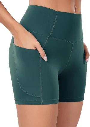 Oalka Women's Short Yoga Side Pockets High Waist Workout Running Sports Shorts 4"