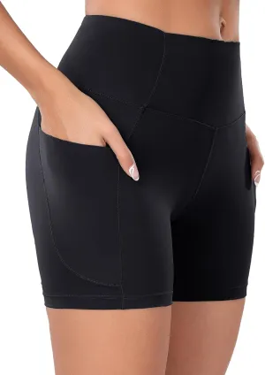Oalka Women's Short Yoga Side Pockets High Waist Workout Running Sports Shorts 4"