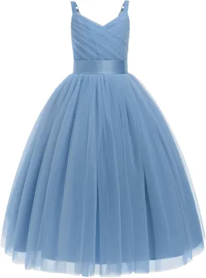OBEEII Flower Girl Dress for Wedding Pleated V Neck Satin Tulle Princess Dress Junior Bridesmaids Pageant Formal Ball Gown
