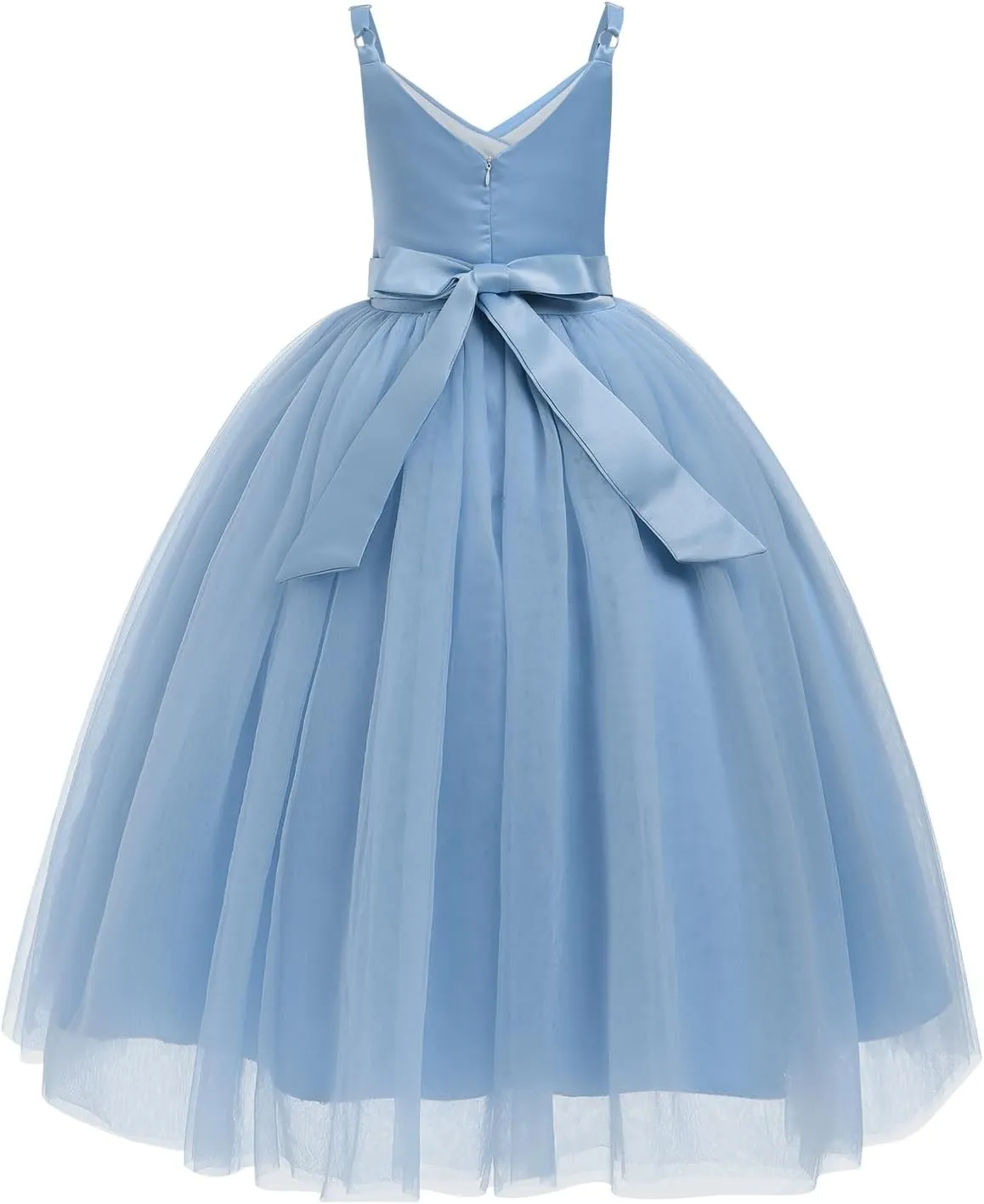 OBEEII Flower Girl Dress for Wedding Pleated V Neck Satin Tulle Princess Dress Junior Bridesmaids Pageant Formal Ball Gown
