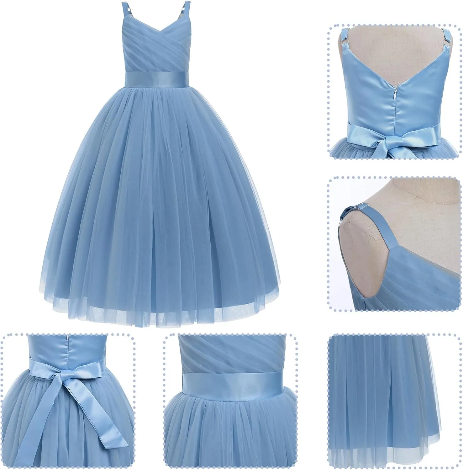 OBEEII Flower Girl Dress for Wedding Pleated V Neck Satin Tulle Princess Dress Junior Bridesmaids Pageant Formal Ball Gown