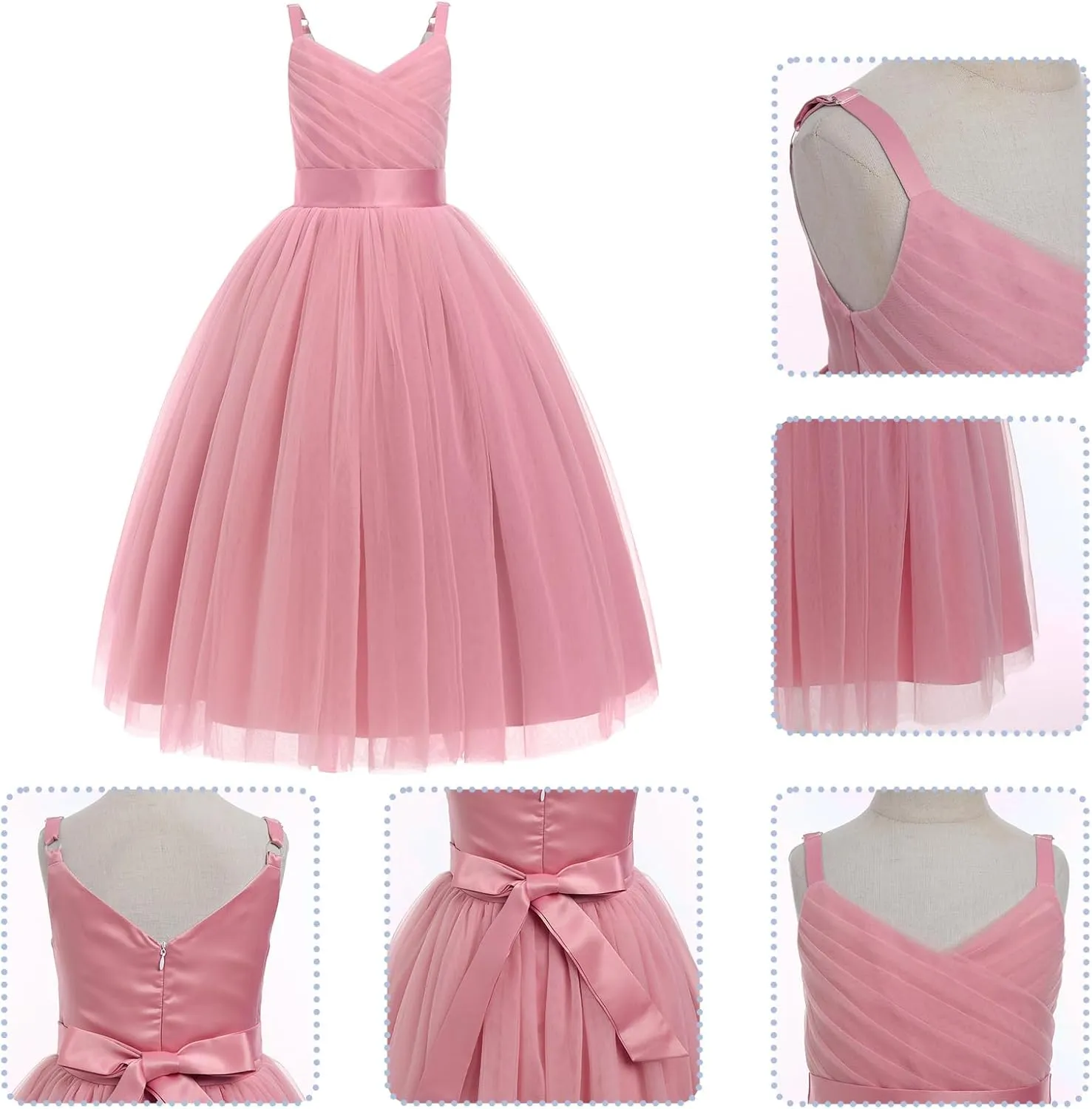 OBEEII Flower Girl Dress for Wedding Pleated V Neck Satin Tulle Princess Dress Junior Bridesmaids Pageant Formal Ball Gown