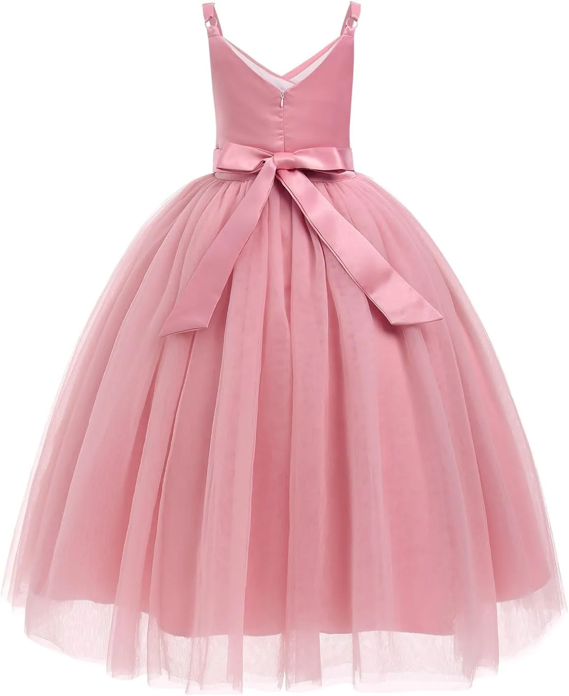 OBEEII Flower Girl Dress for Wedding Pleated V Neck Satin Tulle Princess Dress Junior Bridesmaids Pageant Formal Ball Gown