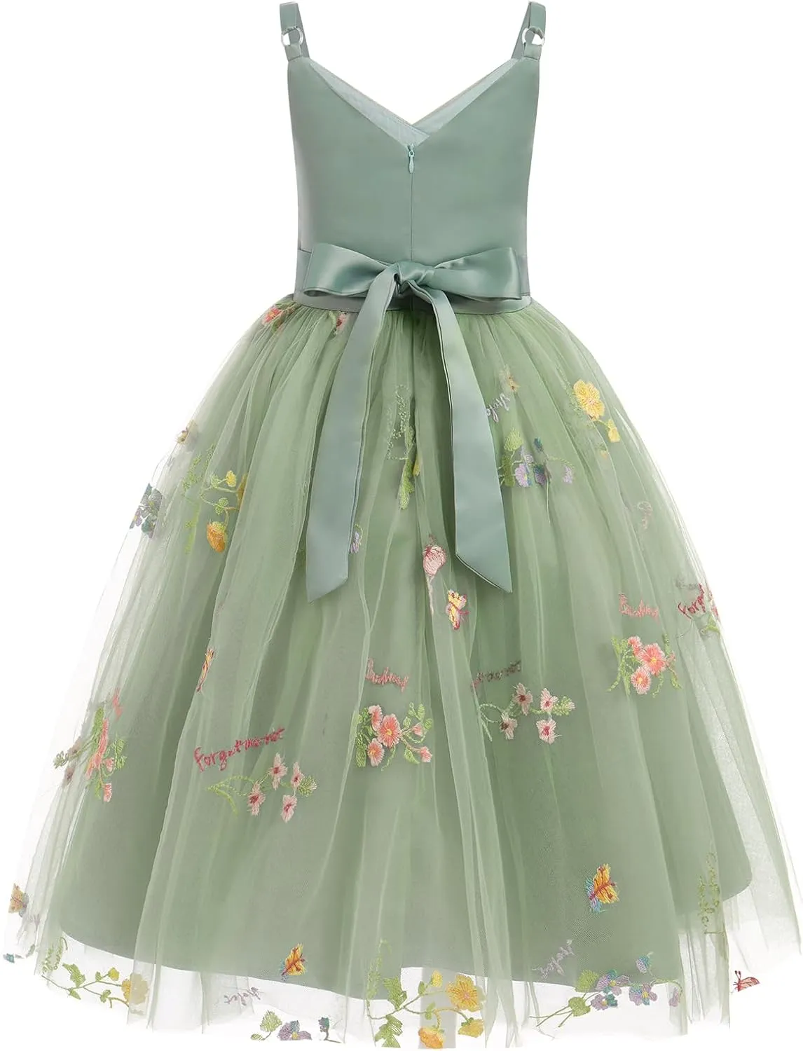 OBEEII Flower Girl Dress for Wedding Pleated V Neck Satin Tulle Princess Dress Junior Bridesmaids Pageant Formal Ball Gown
