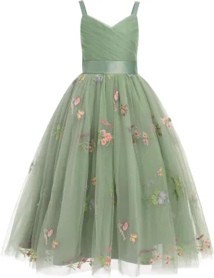 OBEEII Flower Girl Dress for Wedding Pleated V Neck Satin Tulle Princess Dress Junior Bridesmaids Pageant Formal Ball Gown