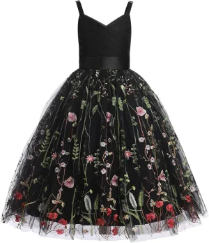 OBEEII Flower Girl Dress for Wedding Pleated V Neck Satin Tulle Princess Dress Junior Bridesmaids Pageant Formal Ball Gown