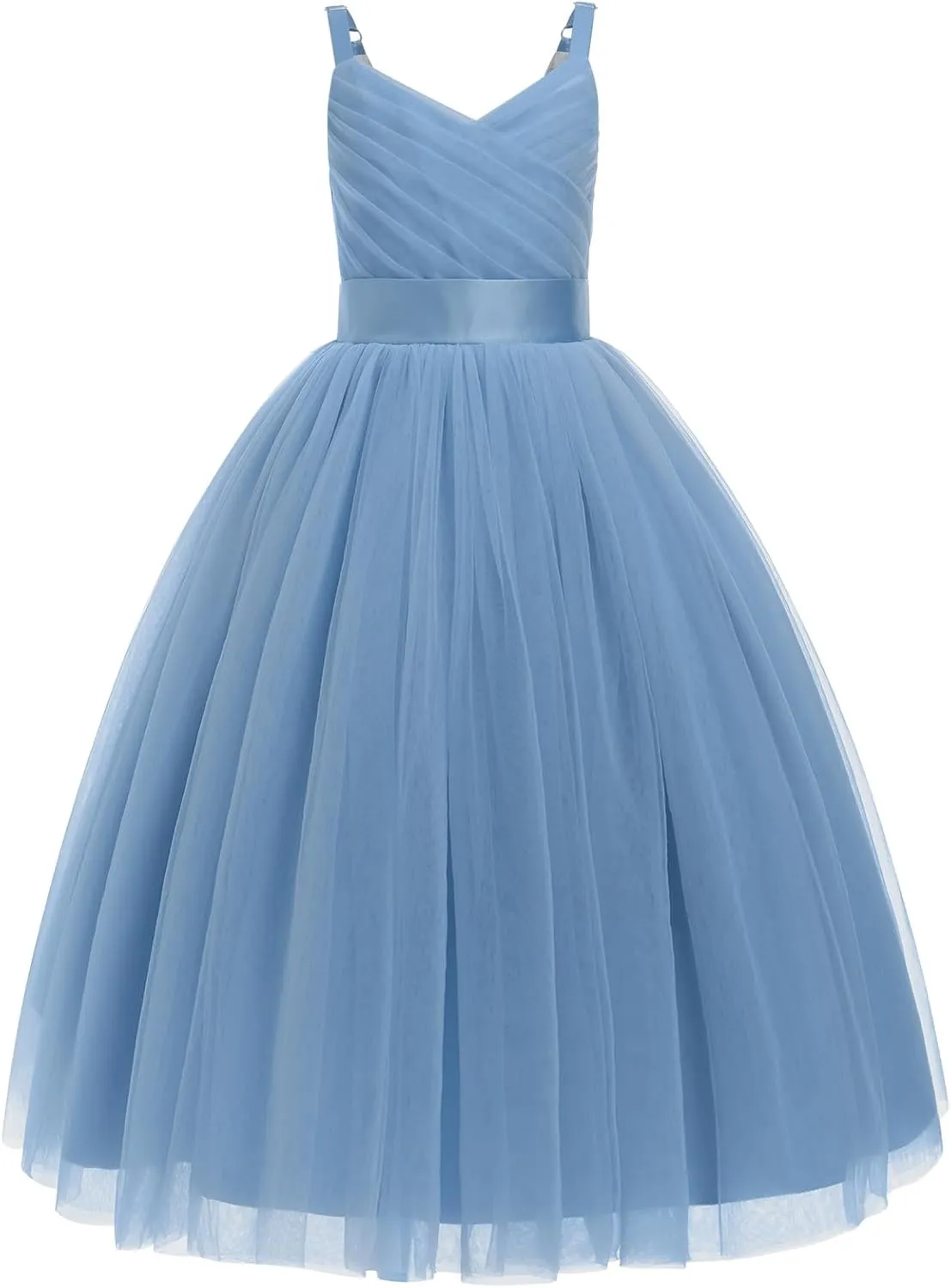 OBEEII Flower Girl Dress for Wedding Pleated V Neck Satin Tulle Princess Dress Junior Bridesmaids Pageant Formal Ball Gown