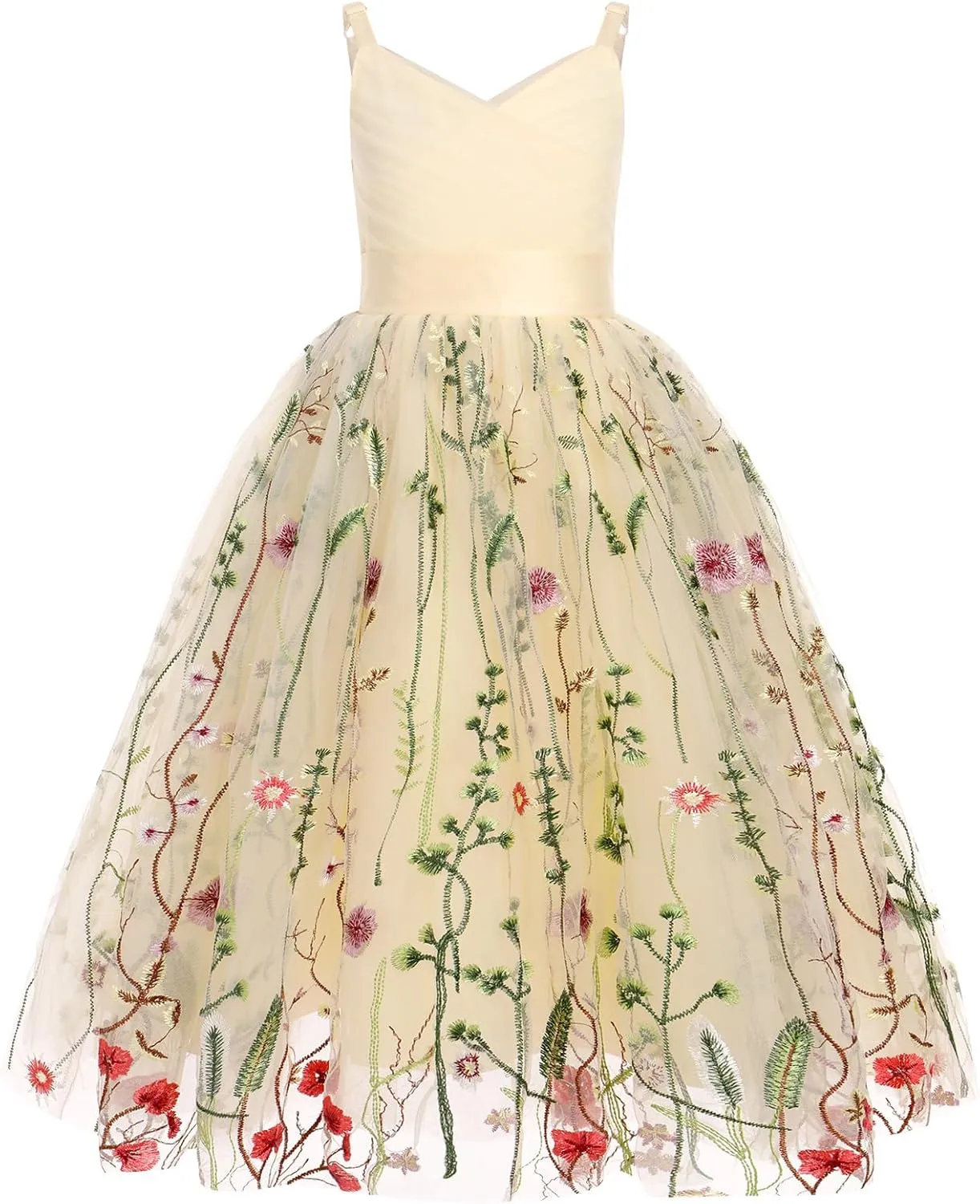 OBEEII Flower Girl Dress for Wedding Pleated V Neck Satin Tulle Princess Dress Junior Bridesmaids Pageant Formal Ball Gown