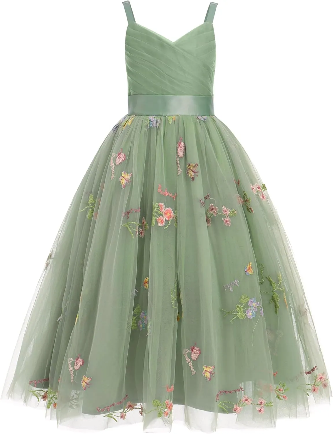 OBEEII Flower Girl Dress for Wedding Pleated V Neck Satin Tulle Princess Dress Junior Bridesmaids Pageant Formal Ball Gown