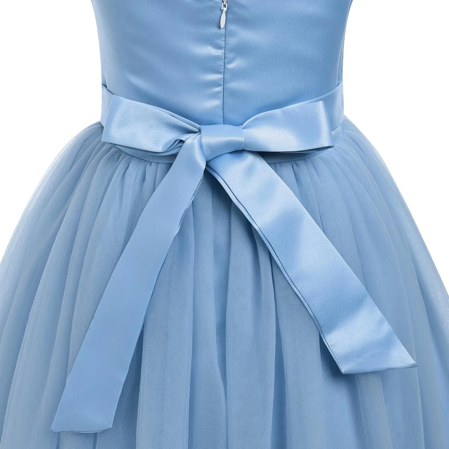OBEEII Flower Girl Dress for Wedding Pleated V Neck Satin Tulle Princess Dress Junior Bridesmaids Pageant Formal Ball Gown