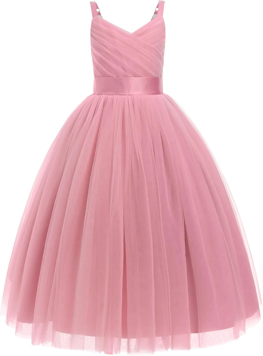 OBEEII Flower Girl Dress for Wedding Pleated V Neck Satin Tulle Princess Dress Junior Bridesmaids Pageant Formal Ball Gown
