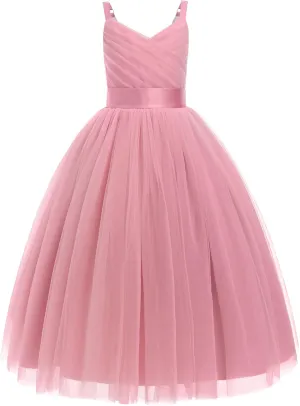 OBEEII Flower Girl Dress for Wedding Pleated V Neck Satin Tulle Princess Dress Junior Bridesmaids Pageant Formal Ball Gown