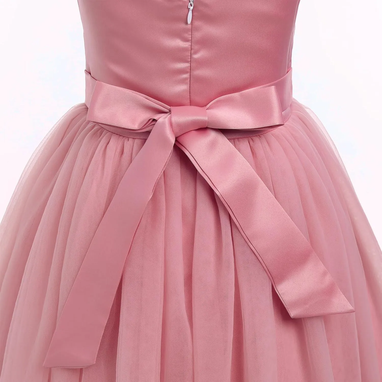 OBEEII Flower Girl Dress for Wedding Pleated V Neck Satin Tulle Princess Dress Junior Bridesmaids Pageant Formal Ball Gown