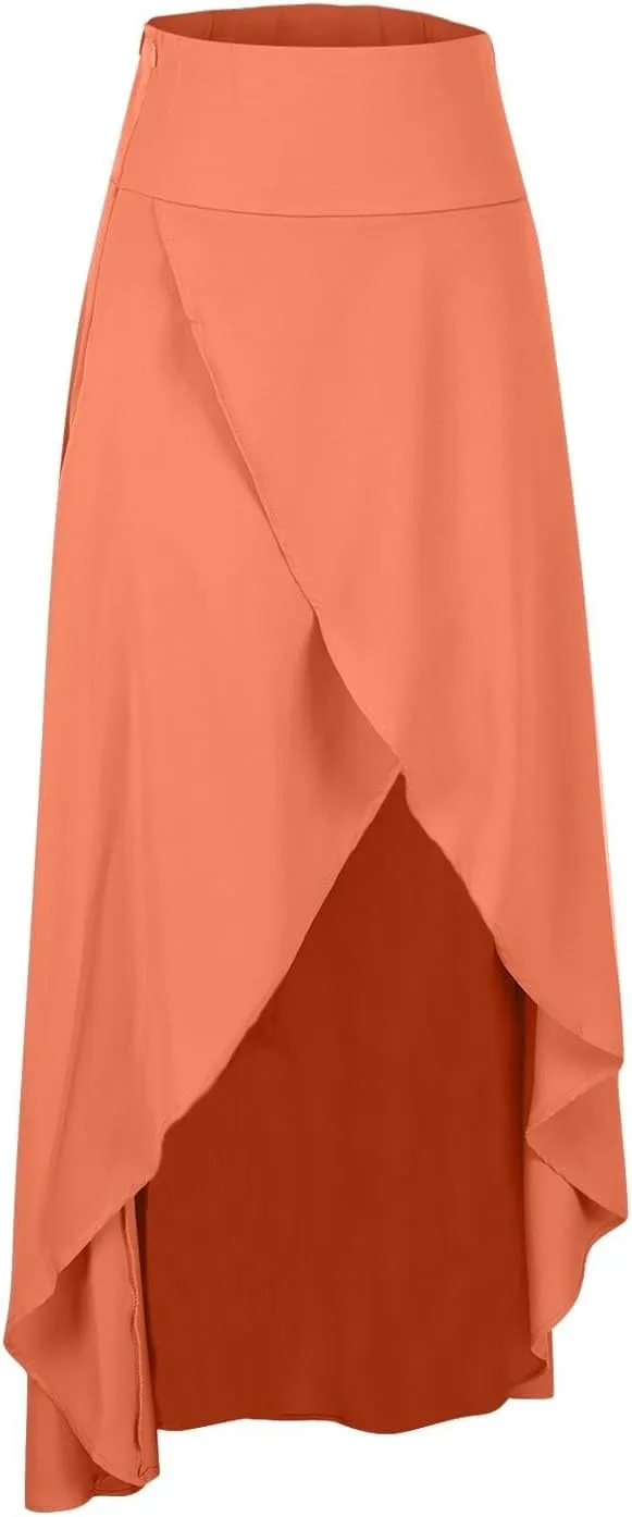 Oplxuo Women Long Skirt Elegant Slit Wrap Asymmetrical Maxi Skirt High Waist A-Line Casual Loose Draped High Low Flowy Skirts