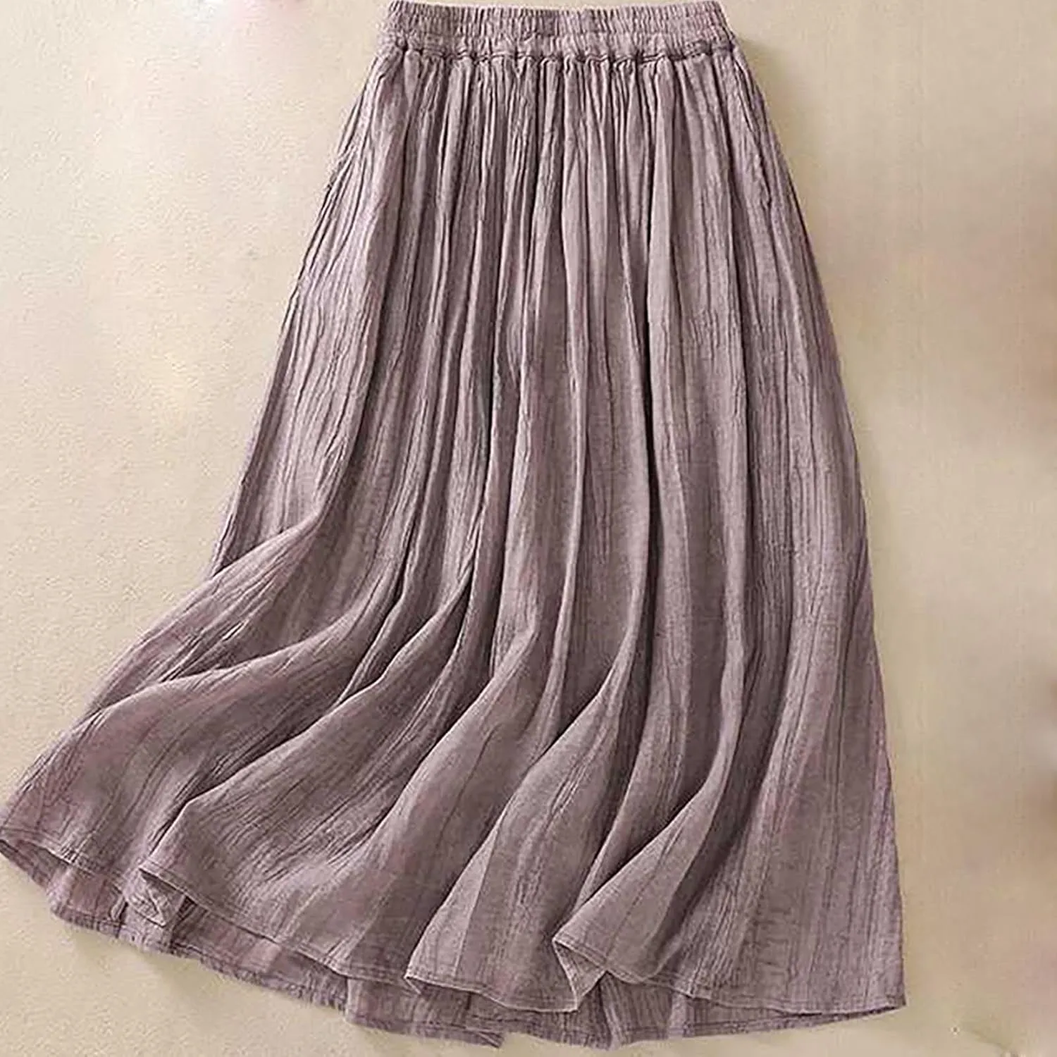 Oplxuo Womens Cotton Linen Maxi Skirts Summer Boho Solid Beach Elastic High Waist Pleated A-Line Flowy Swing Long Maxi Skirts
