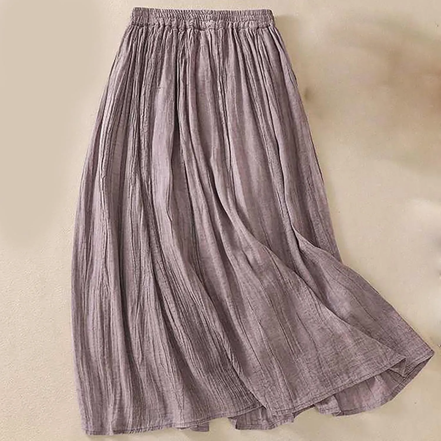 Oplxuo Womens Cotton Linen Maxi Skirts Summer Boho Solid Beach Elastic High Waist Pleated A-Line Flowy Swing Long Maxi Skirts