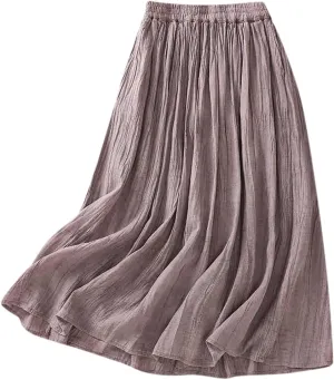 Oplxuo Womens Cotton Linen Maxi Skirts Summer Boho Solid Beach Elastic High Waist Pleated A-Line Flowy Swing Long Maxi Skirts
