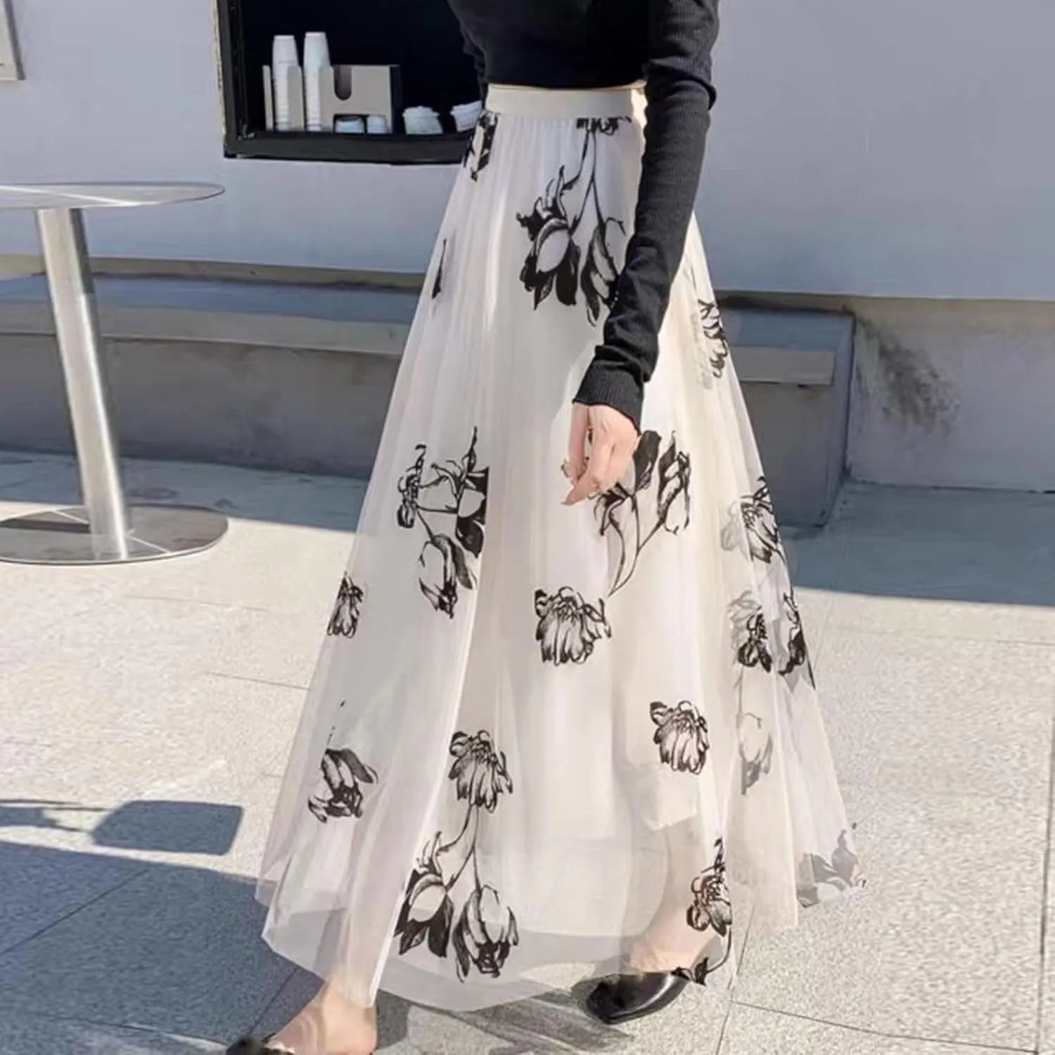 Oplxuo Women's Floral Print Skirts Boho Style Elastic High Waist A Line Swing Flowy Maxi Skirt