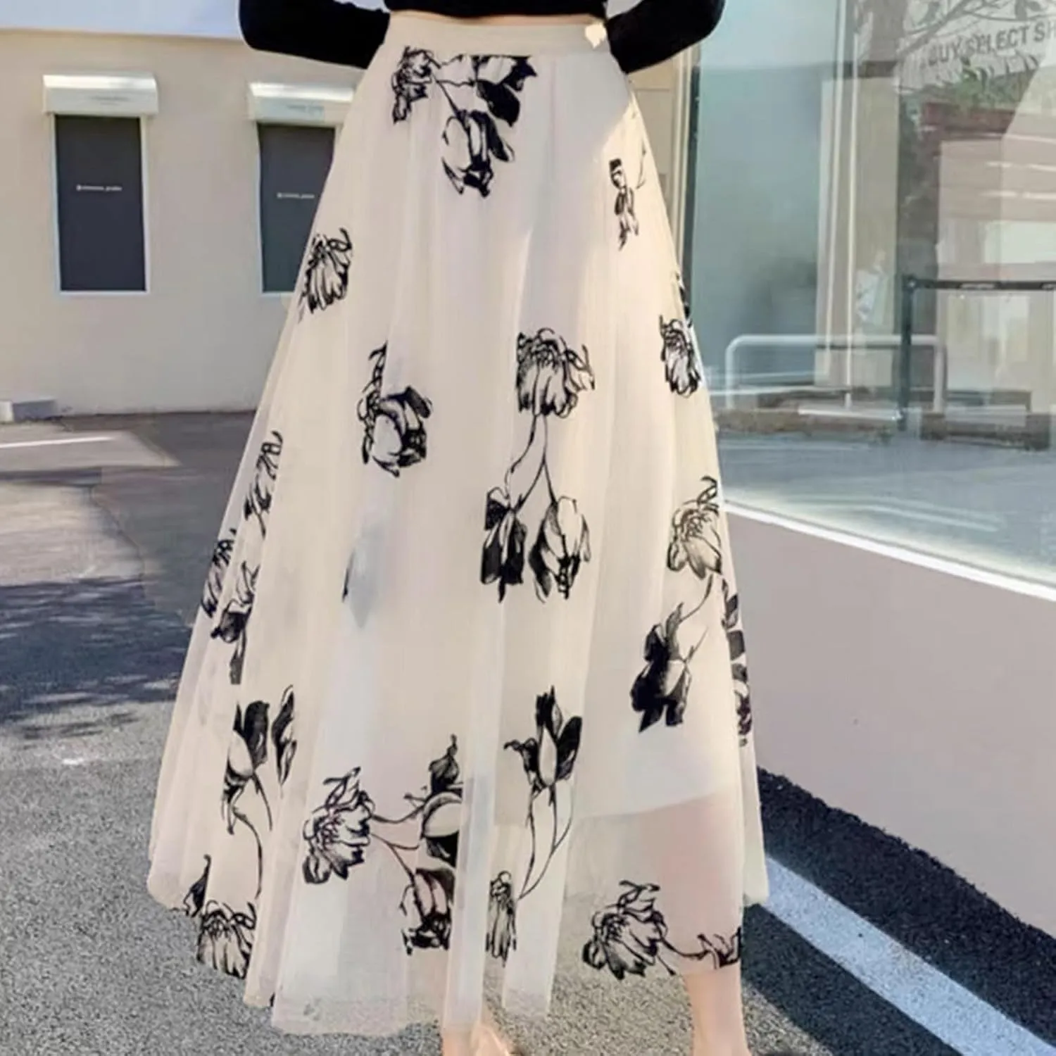 Oplxuo Women's Floral Print Skirts Boho Style Elastic High Waist A Line Swing Flowy Maxi Skirt