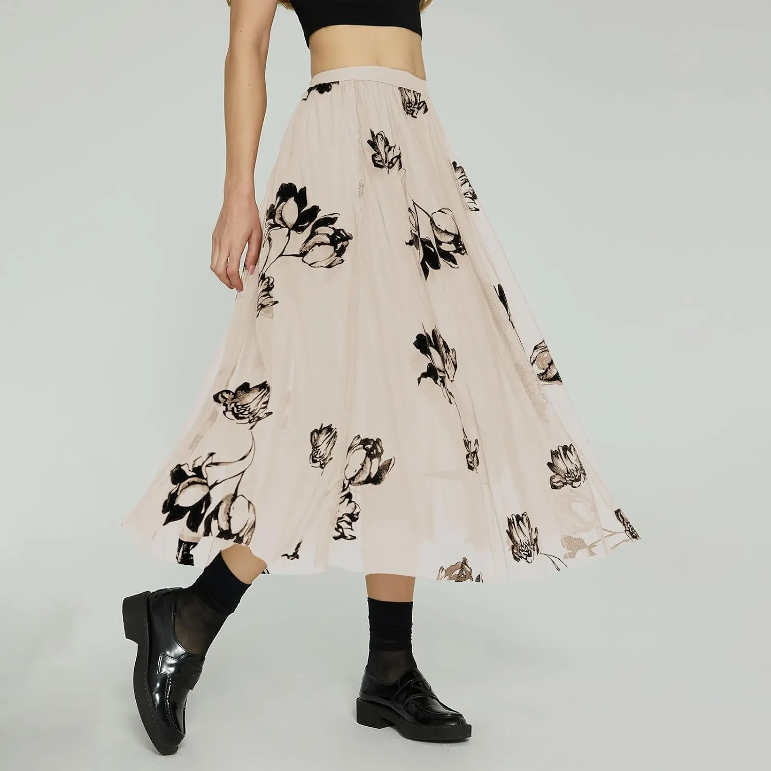 Oplxuo Women's Floral Print Skirts Boho Style Elastic High Waist A Line Swing Flowy Maxi Skirt