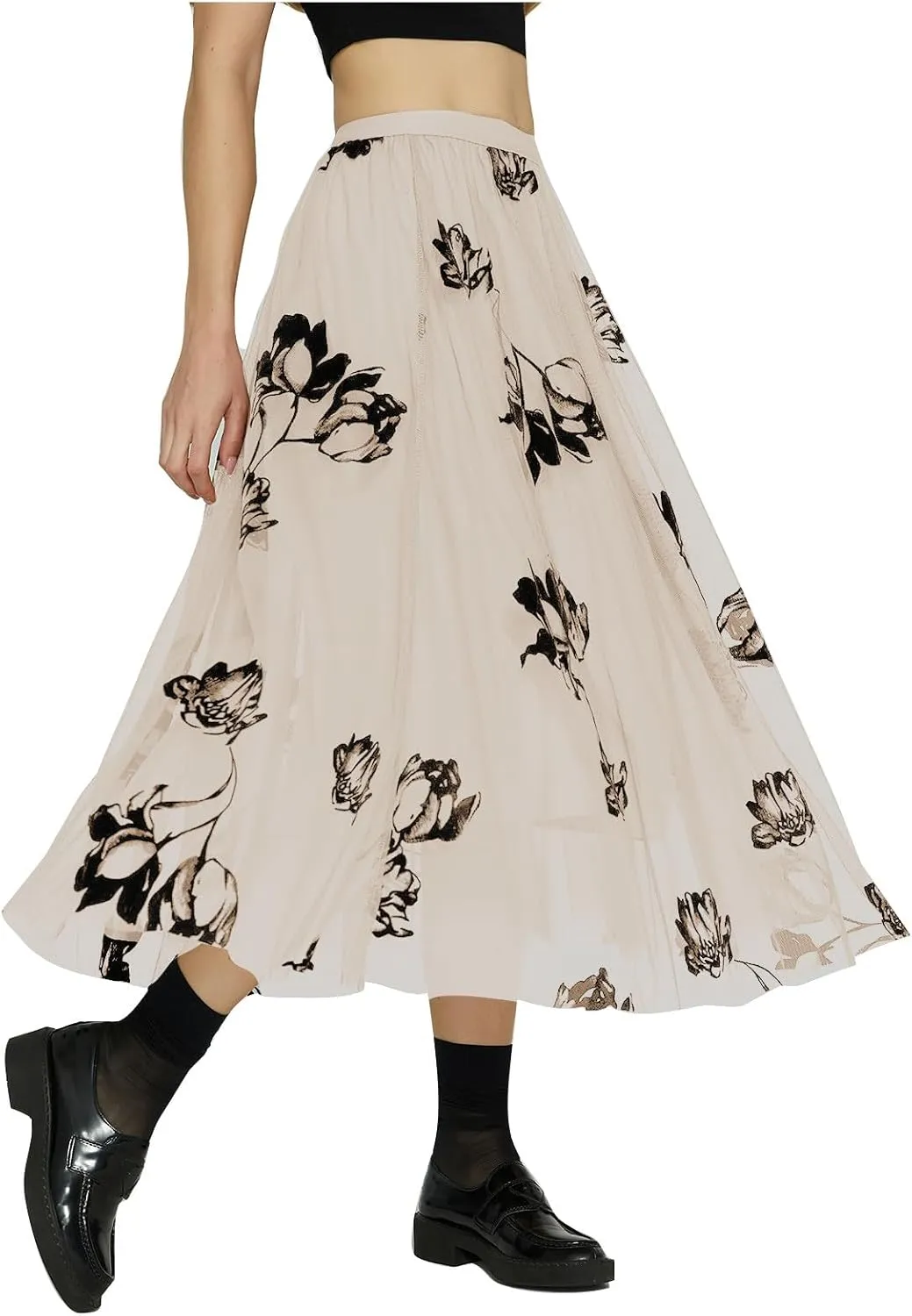 Oplxuo Women's Floral Print Skirts Boho Style Elastic High Waist A Line Swing Flowy Maxi Skirt