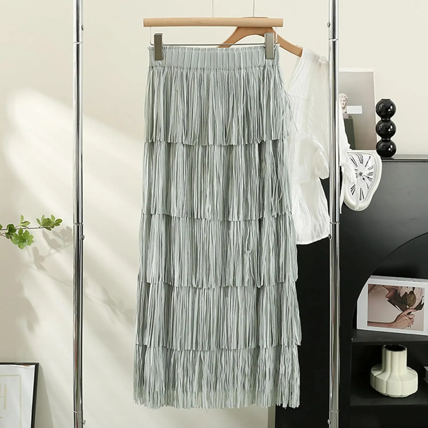 Oplxuo Women's Fringe Trim High Waist Long Skirts, Sexy Elegant Tiered Fringe Maxi Skirt High Waist Evening Party Work Skirt