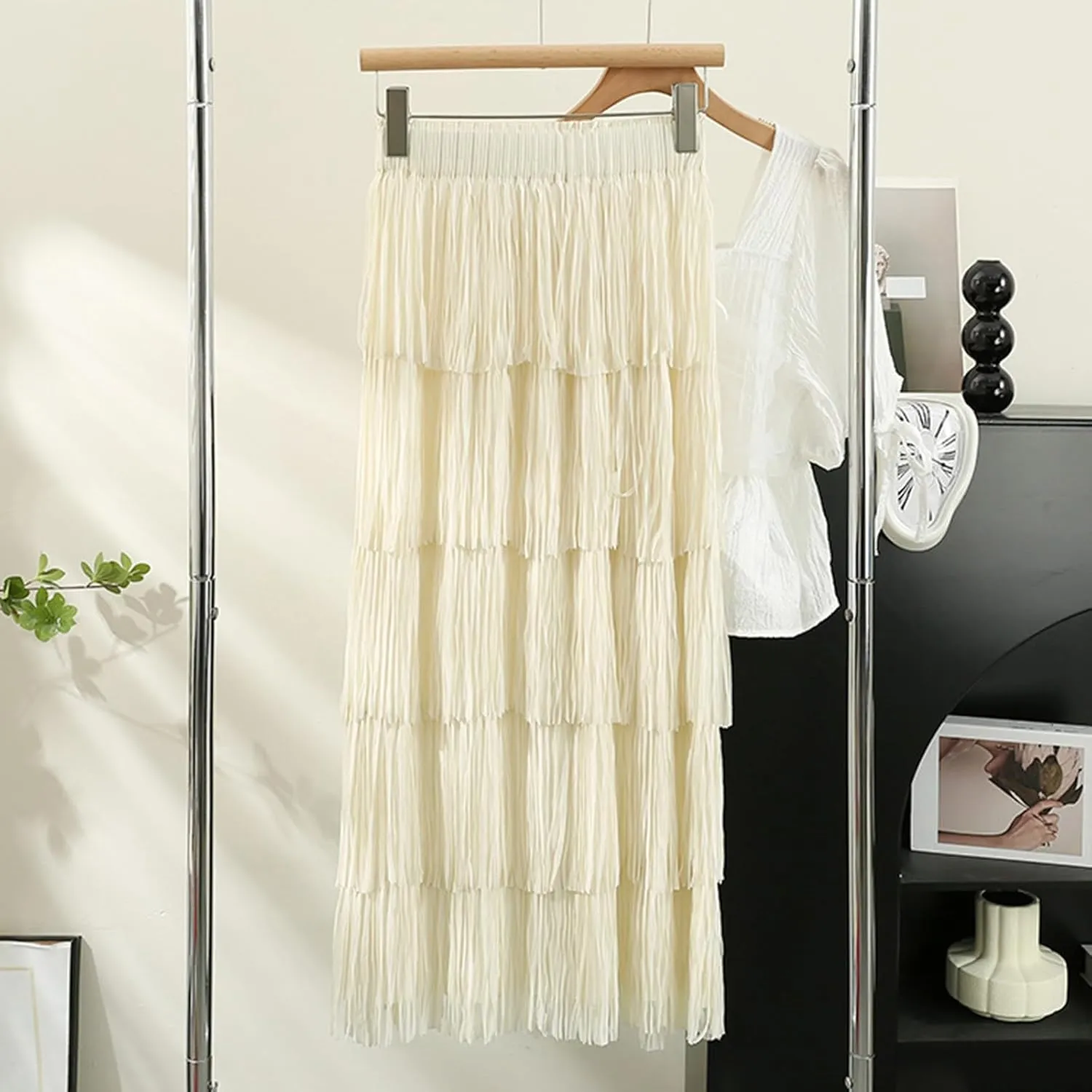 Oplxuo Women's Fringe Trim High Waist Long Skirts, Sexy Elegant Tiered Fringe Maxi Skirt High Waist Evening Party Work Skirt