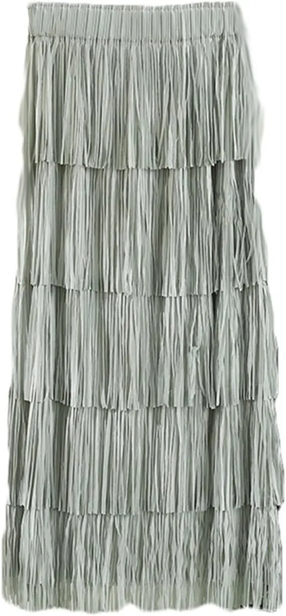 Oplxuo Women's Fringe Trim High Waist Long Skirts, Sexy Elegant Tiered Fringe Maxi Skirt High Waist Evening Party Work Skirt
