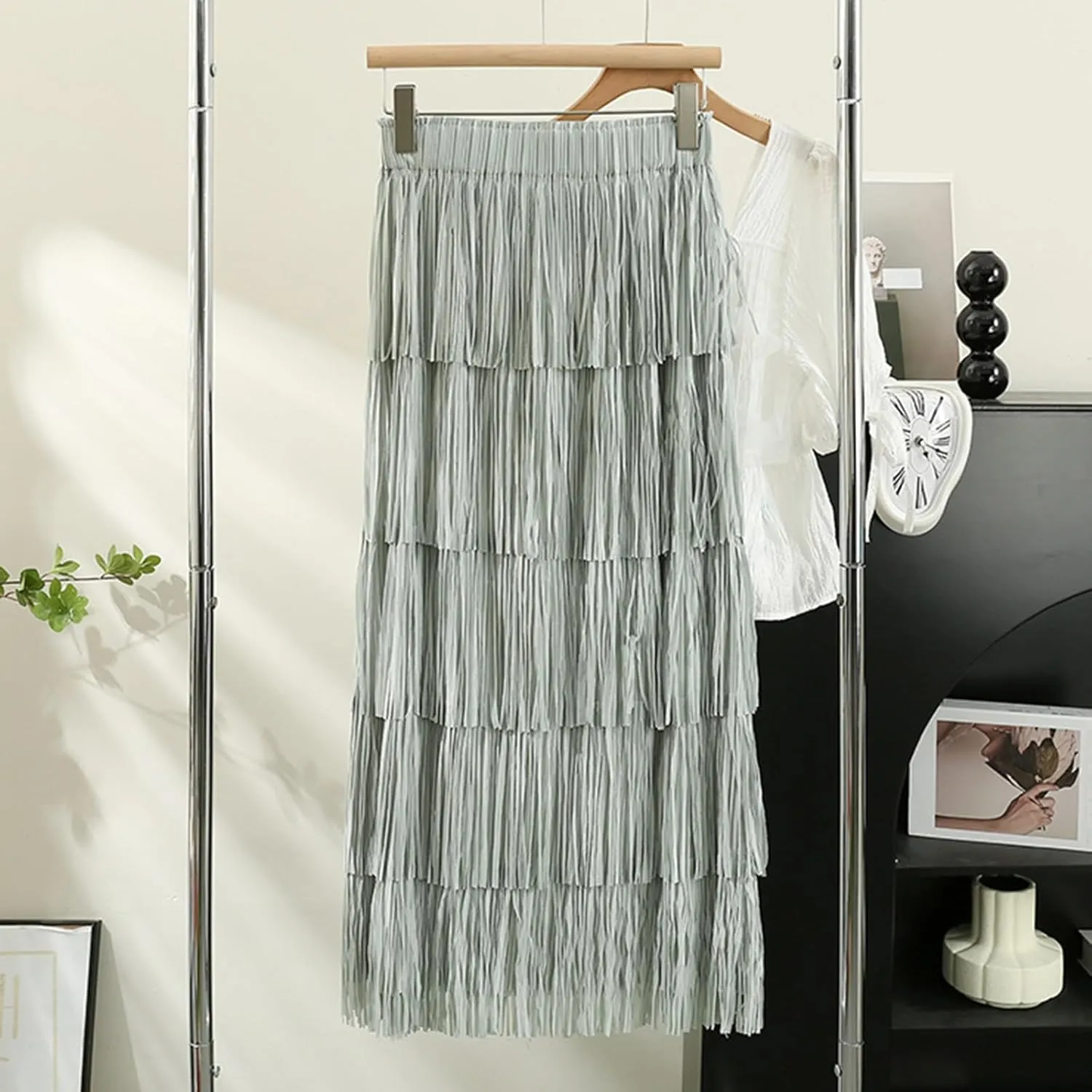 Oplxuo Women's Fringe Trim High Waist Long Skirts, Sexy Elegant Tiered Fringe Maxi Skirt High Waist Evening Party Work Skirt