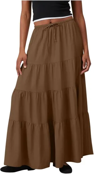 Oplxuo Women's Maxi Skirt Summer Beach Boho Long Skirts Tiered A-line Swing High Waist Swing Flowy Skirt