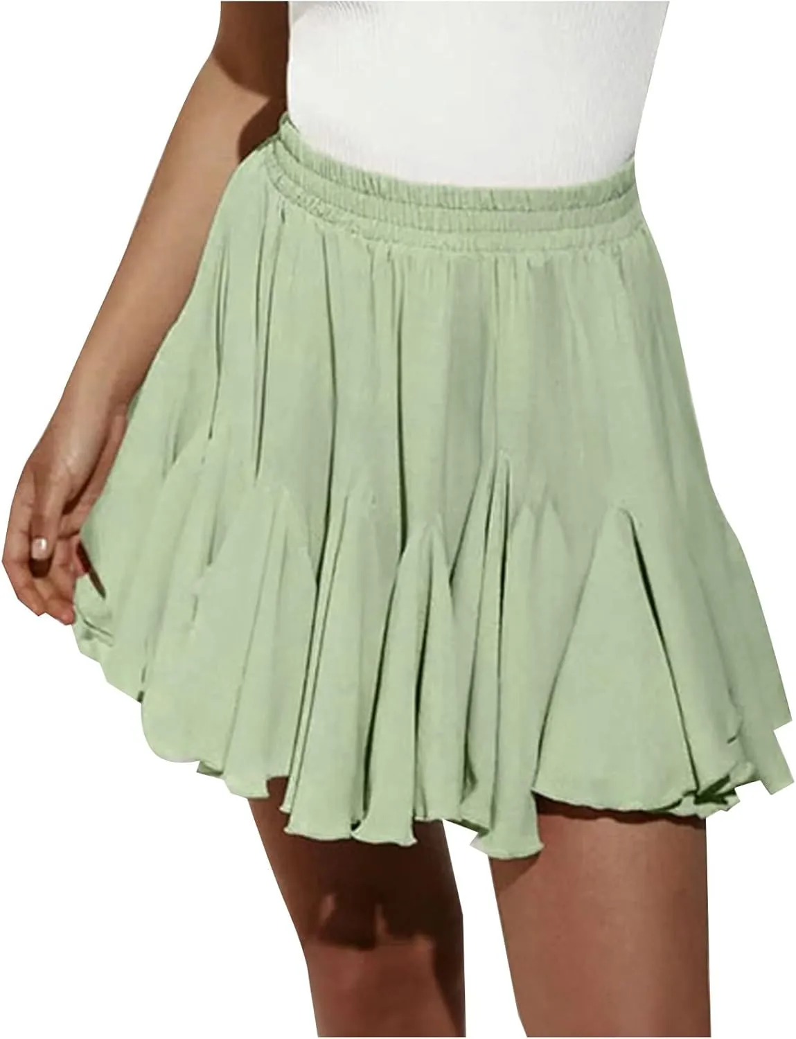 Oplxuo Womens Summer Ruffle Mini Skirts Casual Elastic Waist A-Line Pleated Flowy Swing Tennis Latin Dance Skirt