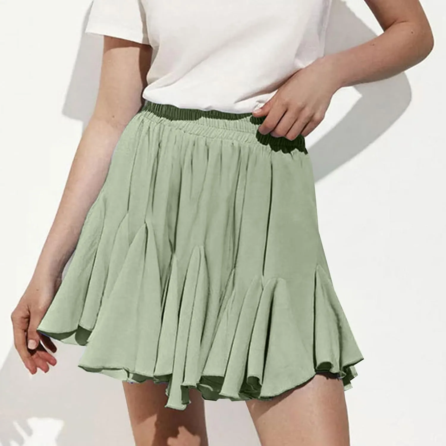 Oplxuo Womens Summer Ruffle Mini Skirts Casual Elastic Waist A-Line Pleated Flowy Swing Tennis Latin Dance Skirt