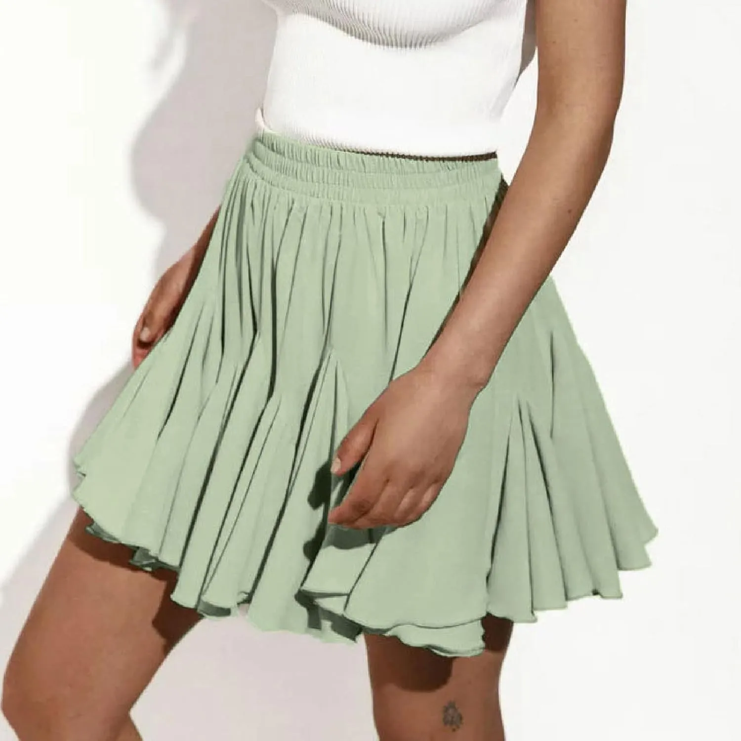 Oplxuo Womens Summer Ruffle Mini Skirts Casual Elastic Waist A-Line Pleated Flowy Swing Tennis Latin Dance Skirt