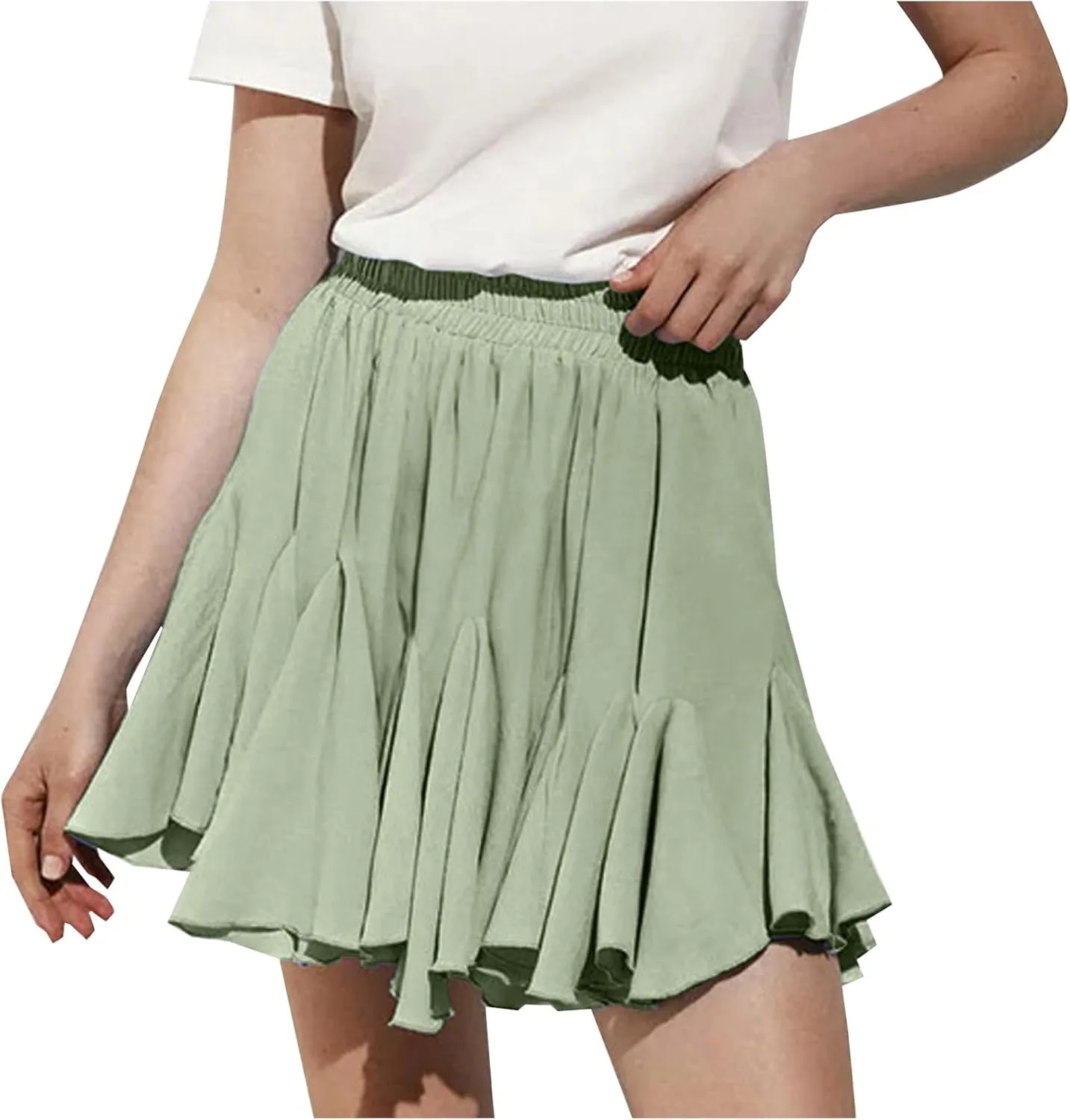 Oplxuo Womens Summer Ruffle Mini Skirts Casual Elastic Waist A-Line Pleated Flowy Swing Tennis Latin Dance Skirt
