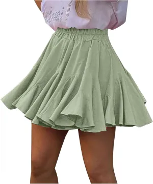 Oplxuo Womens Summer Ruffle Mini Skirts Casual Elastic Waist A-Line Pleated Flowy Swing Tennis Latin Dance Skirt