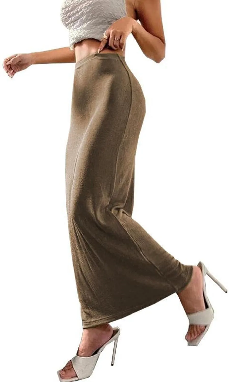 Oplxuo Women's Velvet Skirts Elegant Casual High Waist Solid Bodycon Long Maxi Skirt