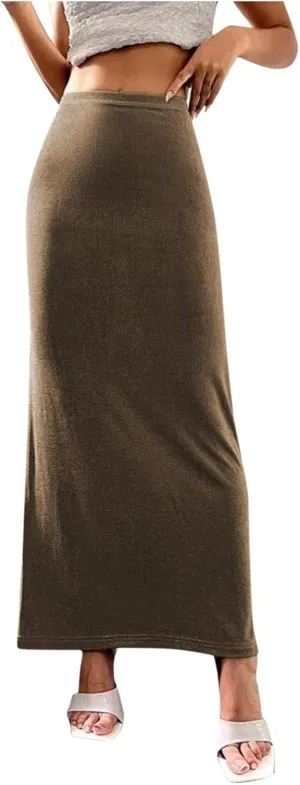 Oplxuo Women's Velvet Skirts Elegant Casual High Waist Solid Bodycon Long Maxi Skirt