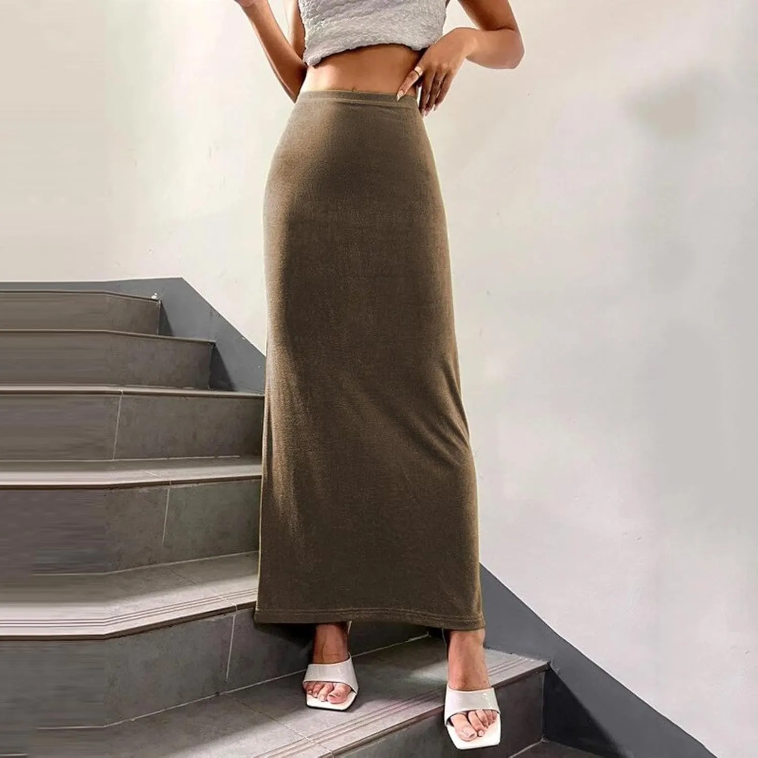 Oplxuo Women's Velvet Skirts Elegant Casual High Waist Solid Bodycon Long Maxi Skirt